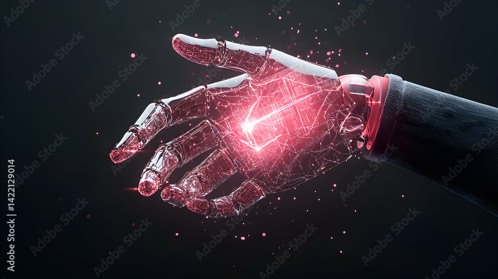 Poster a glowing robotic hand. it shows circuits and energy suggesting artificial intelligence or technolog
