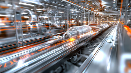 A futuristic factory scene showcasing high-tech machinery and streamlined processes in a dynamic industrial environment.