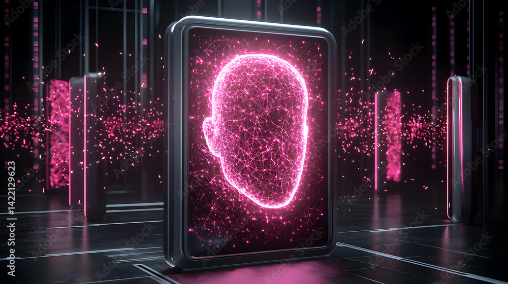 Poster digital head representation in a futuristic setting. suggests ai or data processing. great for tech 