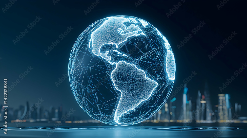 Poster a futuristic globe with glowing lines and a cityscape in the background suggesting global connection