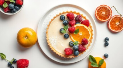 Fresh fruit tart dessert on a white plate with vibrant berries and citrus