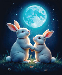 Romantic Moonlight Bunnies – Cute White Rabbits Holding Paws Under Full Moon Night Sky