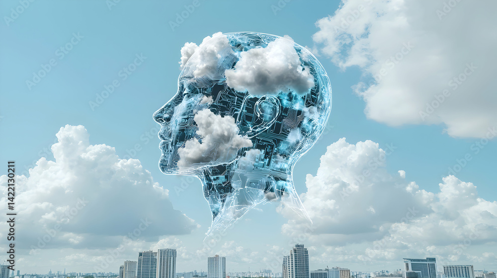 Poster an ai mindscape illustration featuring a human head outline filled with circuit patterns and clouds.