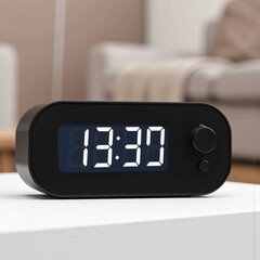 Modern digital clock displaying time in a cozy living room  