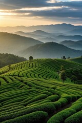 arafed view of a tea plantation in the mountains at sunset