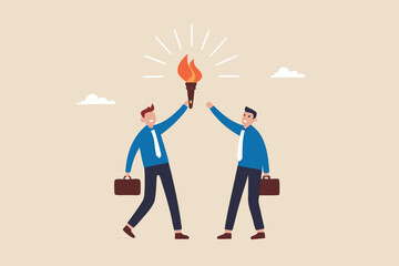 Successor plan, baton pass or transfer to new chosen leader, change new CEO or collaboration to achieve goal and win business competition concept, smart businessman leader passing torch to successor.