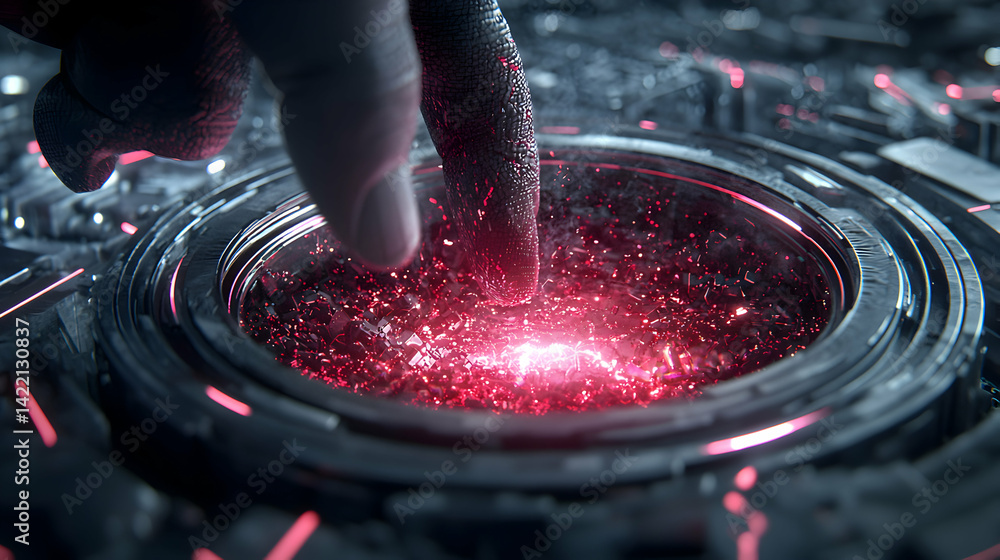 Poster a futuristic scene with a finger touching a glowing red substance. it may represent energy or a tech