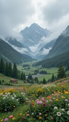 Fototapeta premium Serene Mountain Landscape with Colorful Flowers Under Cloudy Sky