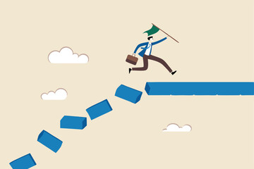 Survive and success in crisis, taking risk to thrive and succeed, courage or confidence to achieve target, effort to overcome challenge concept, businessman jumping on collapse bridge to reach target.