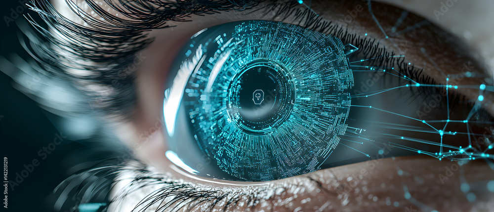 Poster An artistic rendering of a futuristic eye integrated with digital technology. Perfect for science fiction projects or visualizing AI concepts.
