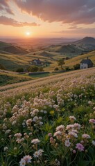 Obraz premium Serene Sunset Over Rolling Hills with Blossoming Flowers in Spring