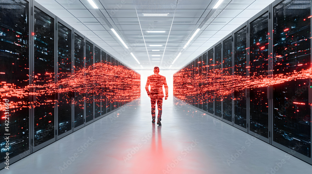 Poster a person walks through a data center with streams of red light representing data flow or digital con