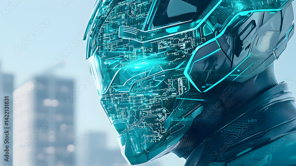 Poster futuristic cybernetic helmet showcases intricate circuit patterns. ideal for tech-focused projects s