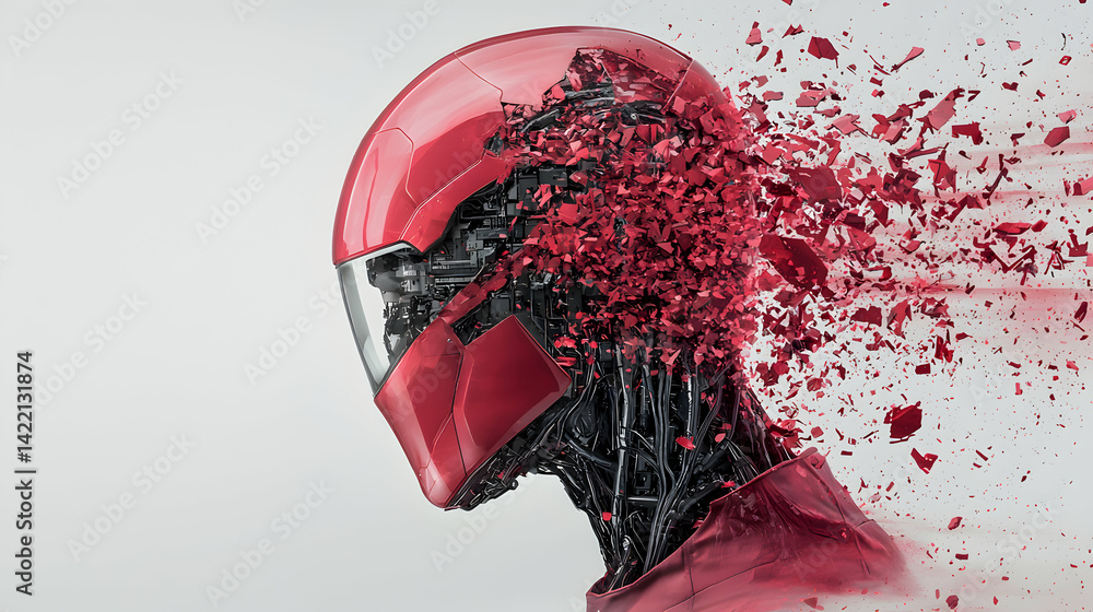 Poster a futuristic robot head explodes. artistic representation of technological breakdown or disintegrati