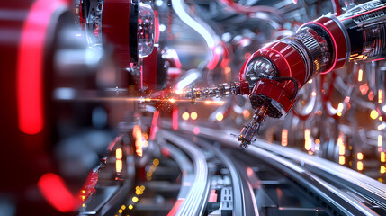 A futuristic robotic arm engaged in a precision task, with vibrant red accents and intricate machinery in the background.