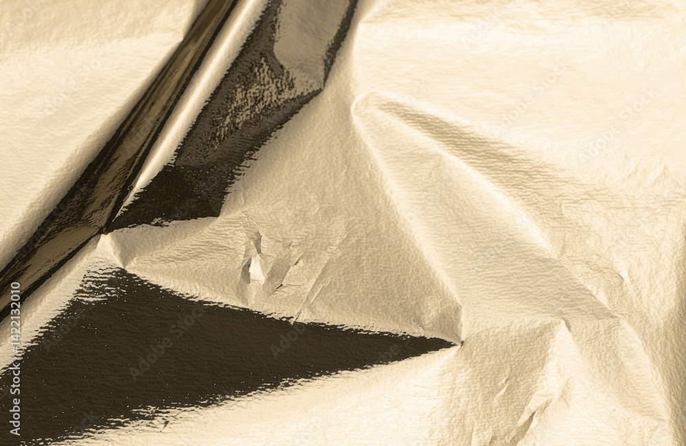 Poster Gold foil texture with a crinkled surface, casting soft shadows. VIP-level shine and light reflections on a draped metallic sheet, creating a luxurious effect. Bright, yellow surface with a fine,.
