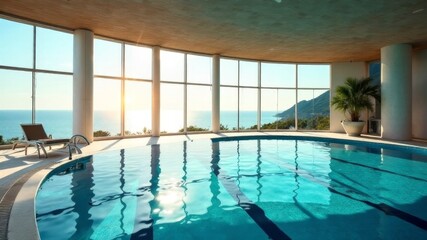 large swimming pool in a room with panoramic windows