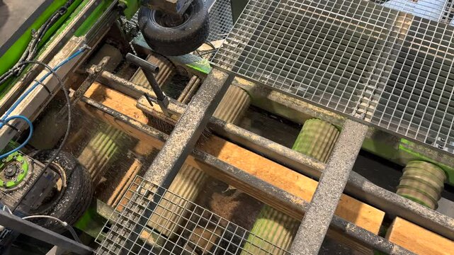 Freshly cut wood planks are being processed by an automated system, involving cleaning and transport mechanisms within a sawmill environment
