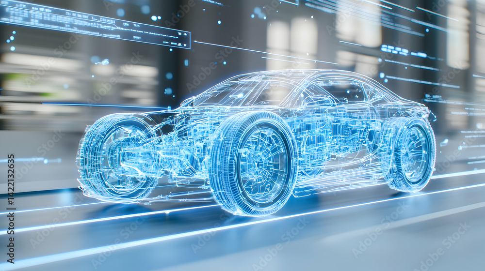 Poster futuristic car depicted in a digital wireframe style. suggesting advanced technology and autonomous 