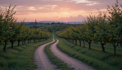 Fototapeta premium Serene Sunset Over a Winding Path Through Lush Green Orchards