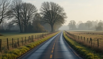 Tranquil Country Road Surrounded by Nature in Soft Morning Light