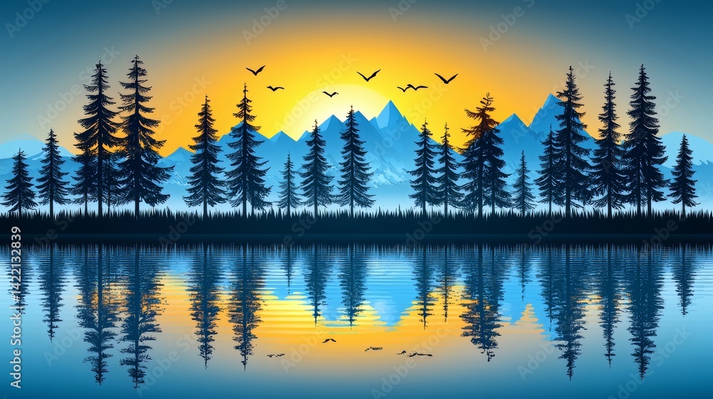 Poster beautiful landscape with a large body of water and a mountain range in the background. the sun is se