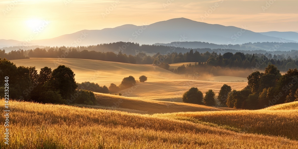 Poster beautiful landscape with a sun setting in the background. the sky is filled with clouds and the sun 
