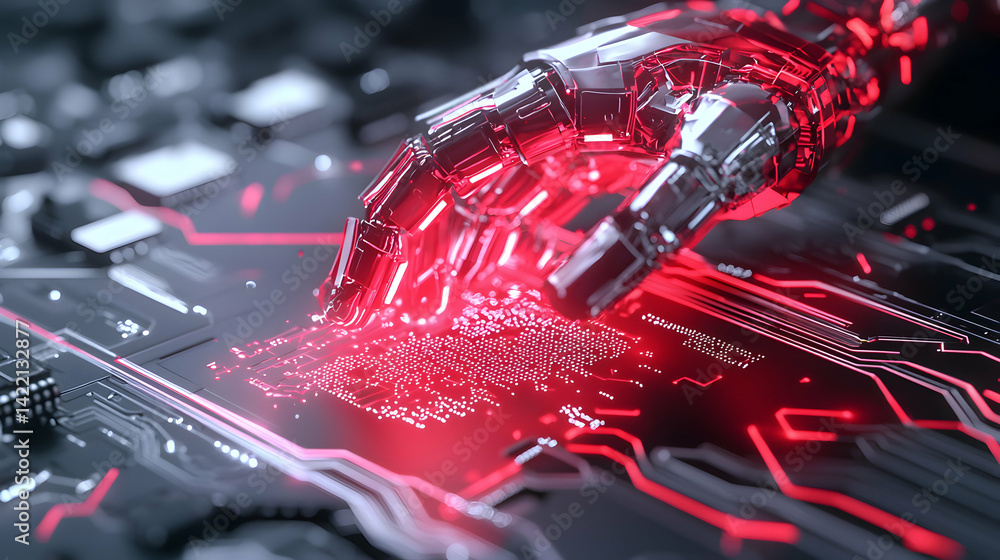 Poster a futuristic image depicting a robotic hand interacting with a glowing circuit board. perfect for te