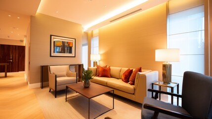 Modern living room with elegant furniture, warm lighting, and decorative elements in a stylish interior