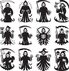 Grim Reaper Collection Twelve Halloween Icons in Black and White