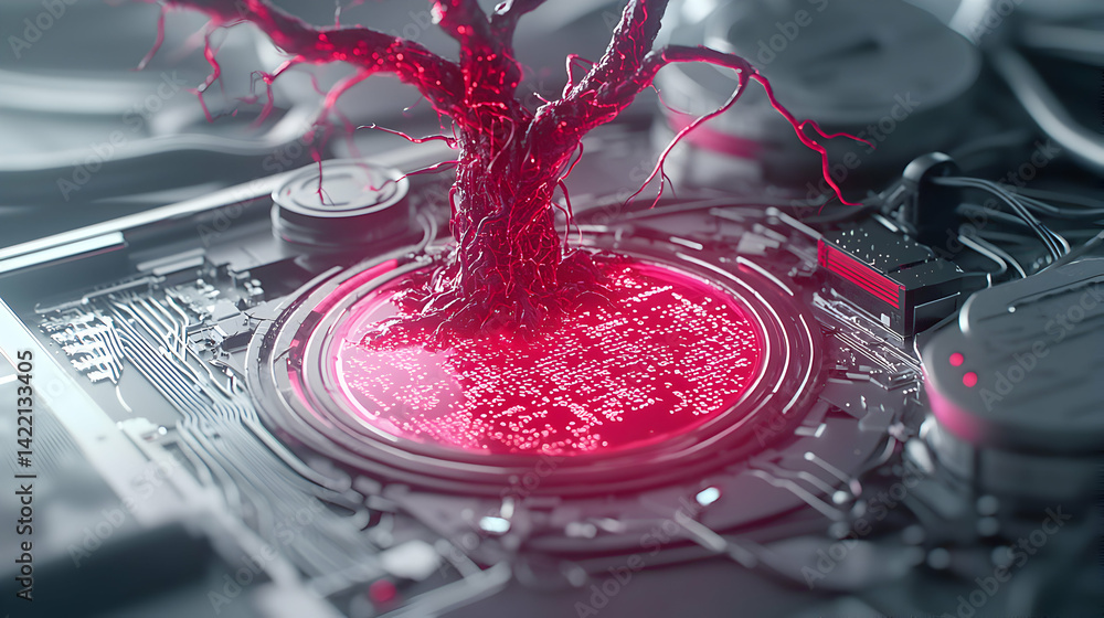 Poster a surreal depiction of a red-veined tree growing from a circuit board suggesting a fusion of nature 