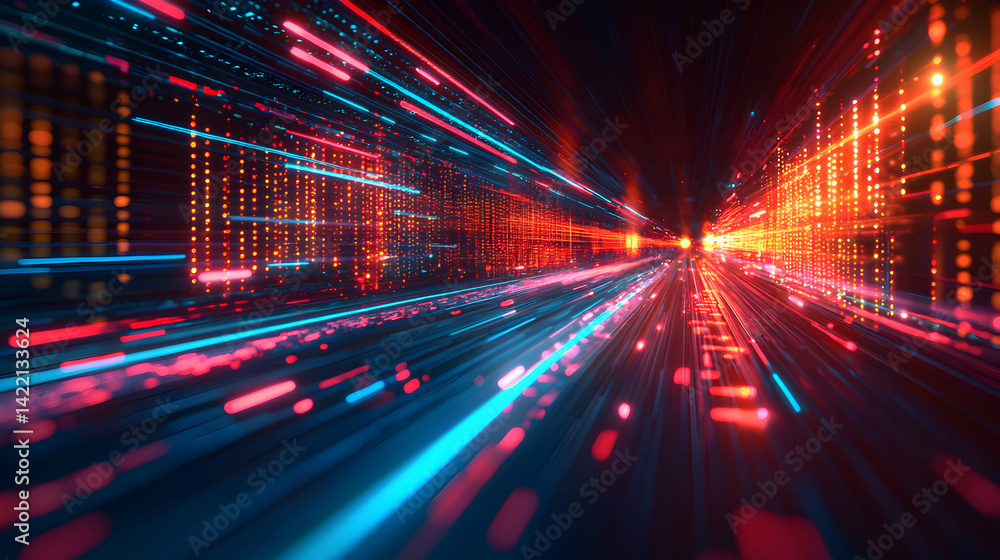 Poster a vibrant futuristic data flow visualization. ideal for tech presentations showcasing data transfer 
