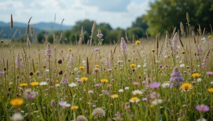 Obraz premium Vibrant Wildflower Meadow Under Blue Sky with Lush Greenery