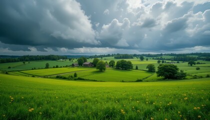 Fototapeta premium Lush Green Fields Under Dramatic Clouds in Serene Countryside Scene