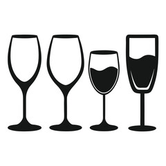 Create four simple icons of wine glasses, showing a filled silhouette, an empty outline, a partially filled glass, and a glass with a wavy liquid line.