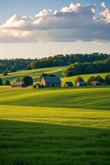 Fototapeta premium arafed farm in a green field with a few trees