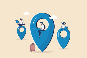 Digital nomad, freedom to work anywhere by using computer with internet, work and travel freelancer, remote job concept, young adult man and woman working on map location pin using computer laptop.