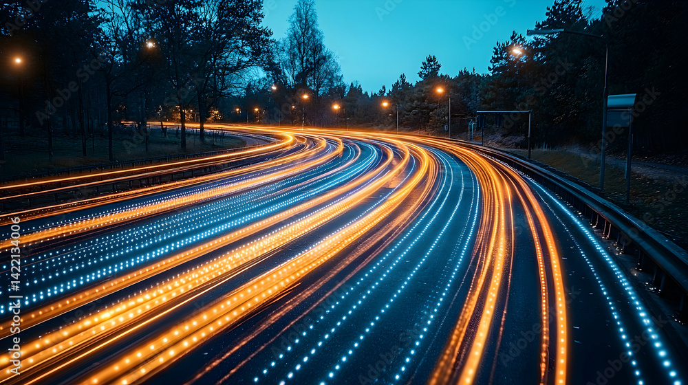 Aufkleber Night road scene with trails of light. Ideal for tech or transportation graphics. A dynamic image evoking speed and connection. Suitable for website banners or marketing materials.