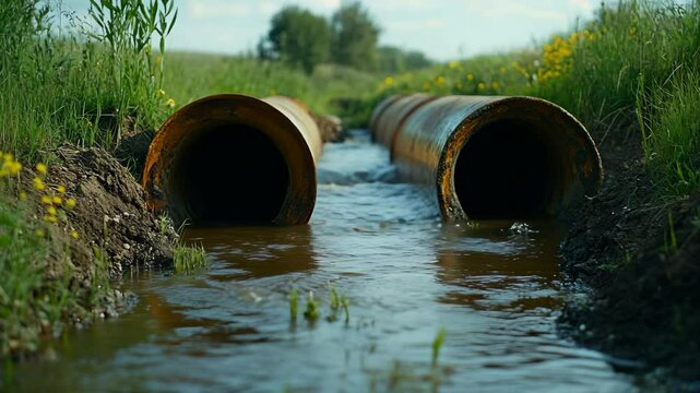 Water flowing through rusted metal culverts in a grassy rural ditch crossing green field