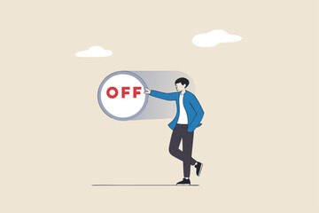 Switch off or turn off setting preference, analytics control panel or power shutdown electricity, saving energy and ecology concept, businessman pushing switch to be off in control panel dashboard.