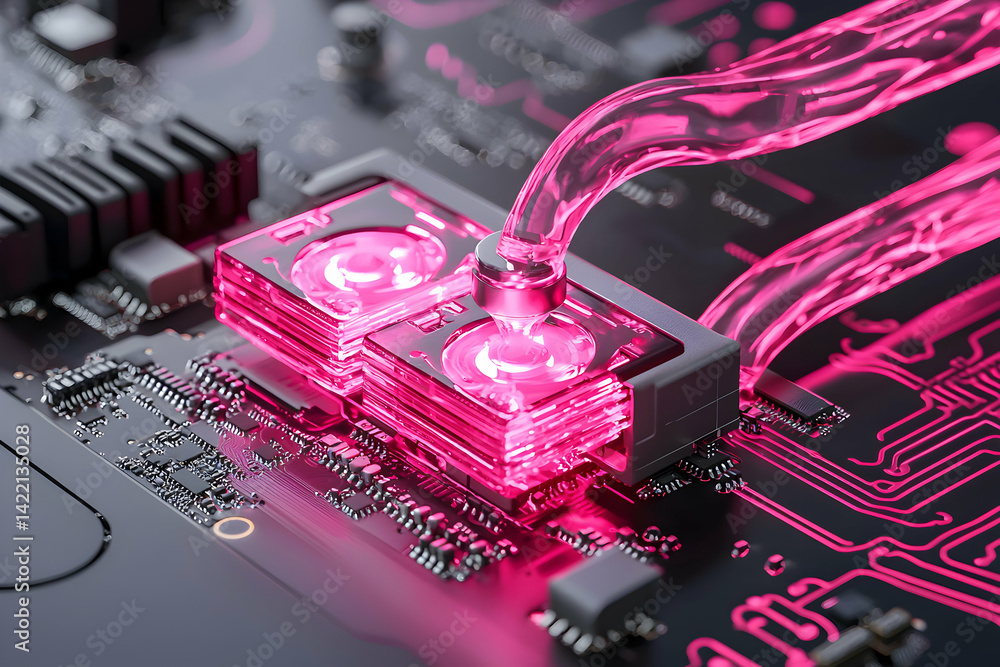 Poster close-up view of a computer circuit board with liquid cooling system and glowing pink elements. idea