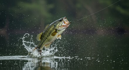 Largemouth bass fish jumping out of the water with a fishing lure in its mouth, creating a splash with droplets against a dark green blurred background.