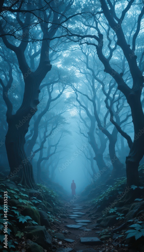 Poster misty forest path with mysterious figure among dense trees