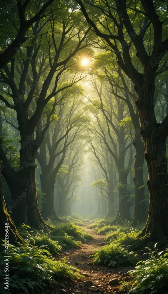 Poster enchanted forest path with sunlight filtering through trees