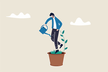 Personal development, self improvement or career growth, coaching or training to success, motivation to growing, develop skill or attitude concept, confidence businessman watering self on plant pot.