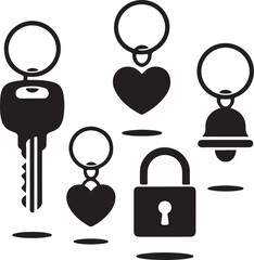 Collection of Black Keychains Icons Heart, Bell, Lock, Car Key