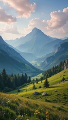 Obraz premium Majestic Mountain Range with Lush Green Valley Under Soft Clouds
