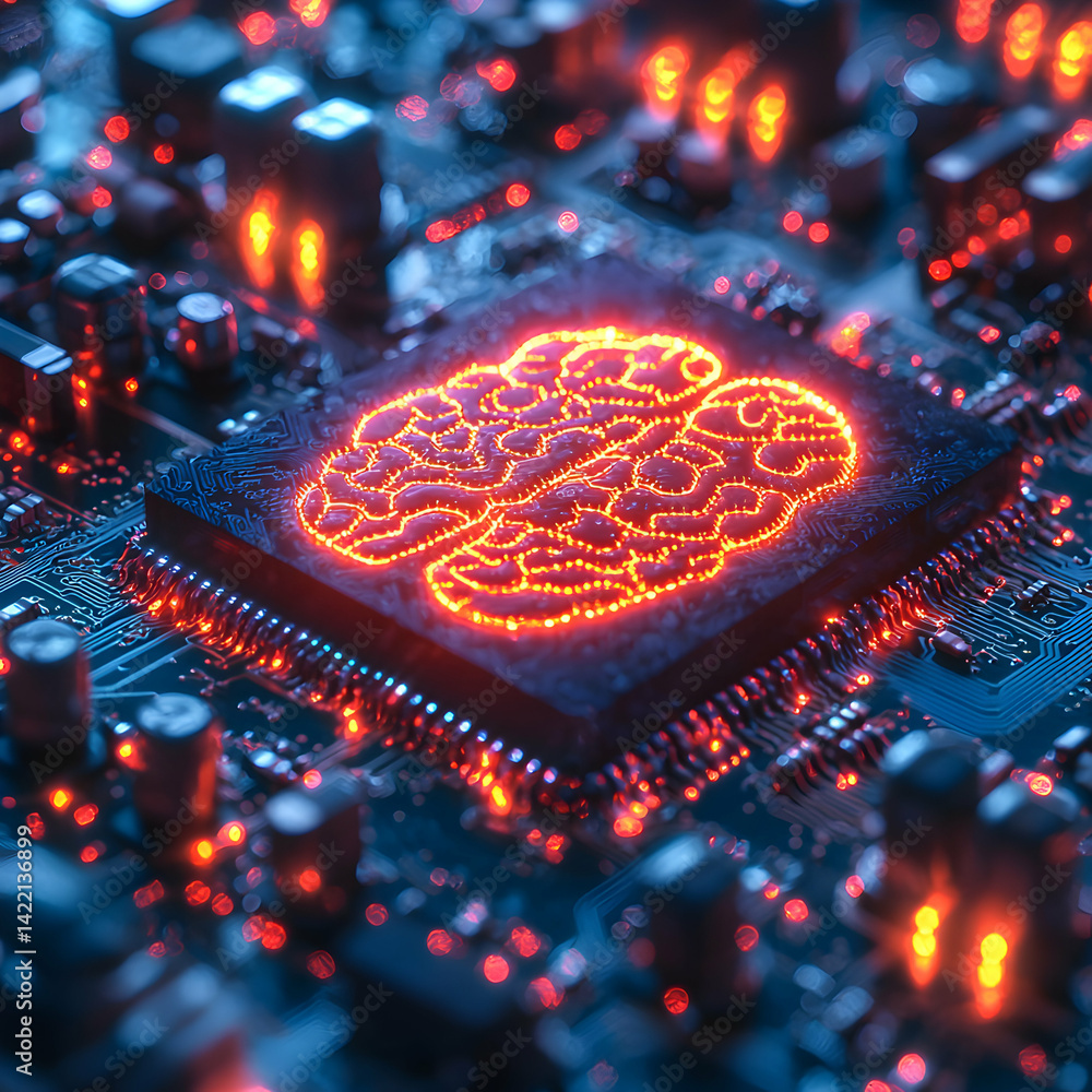 Poster a glowing brain symbol on a circuit board representing artificial intelligence and technology. ideal
