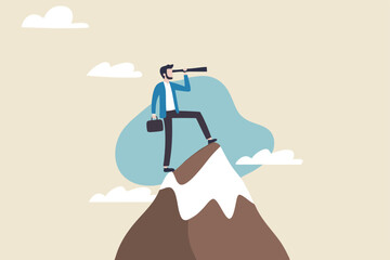 Ambition to success and achieve target, career growth or business goals, challenge to win, achievement or victory concept, motivated businessman reach mountain peak aiming to achieve higher targets.