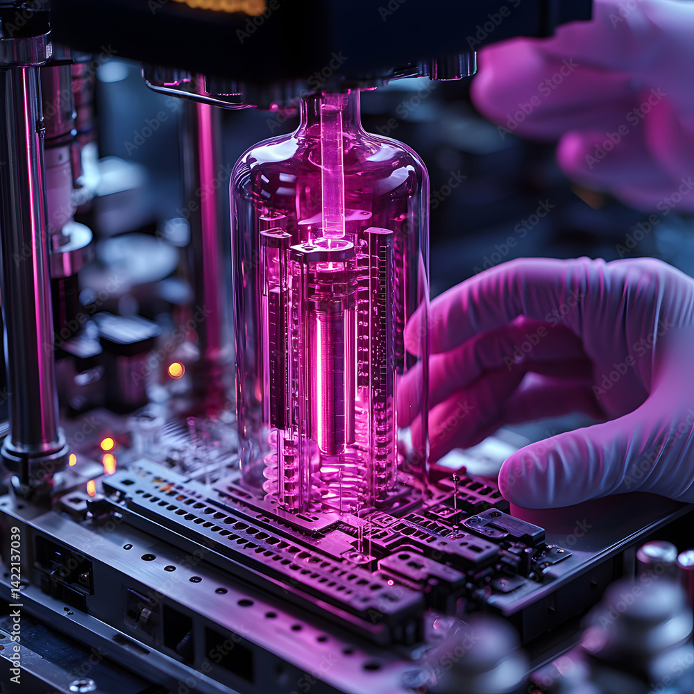 Poster A glowing vacuum tube within a circuit board. This image is great for science projects tech presentations and futuristic design concepts.